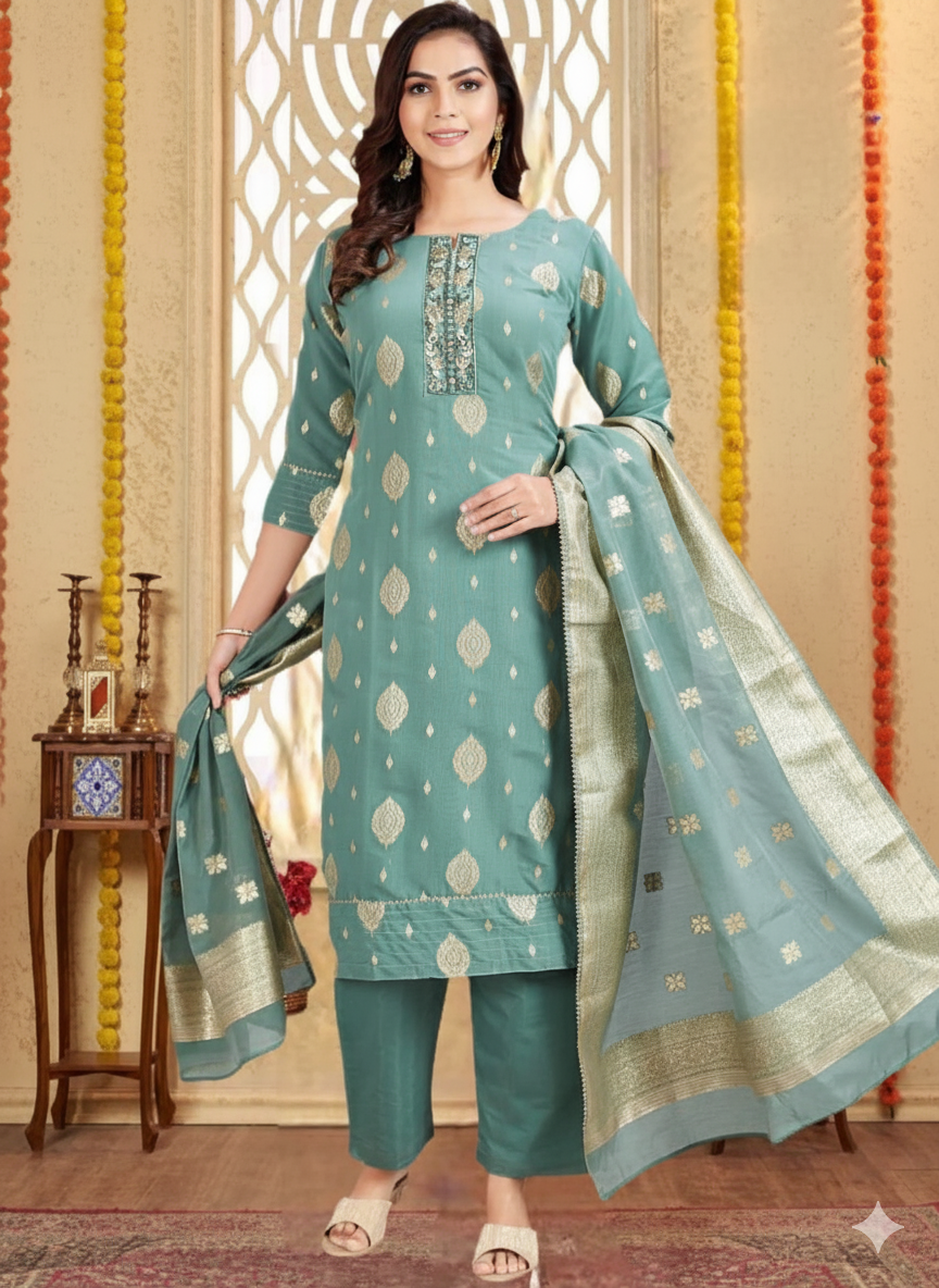 Shree Shanti Selection - Sea Green Golden Embroidered Straight Cut Suit for Women
