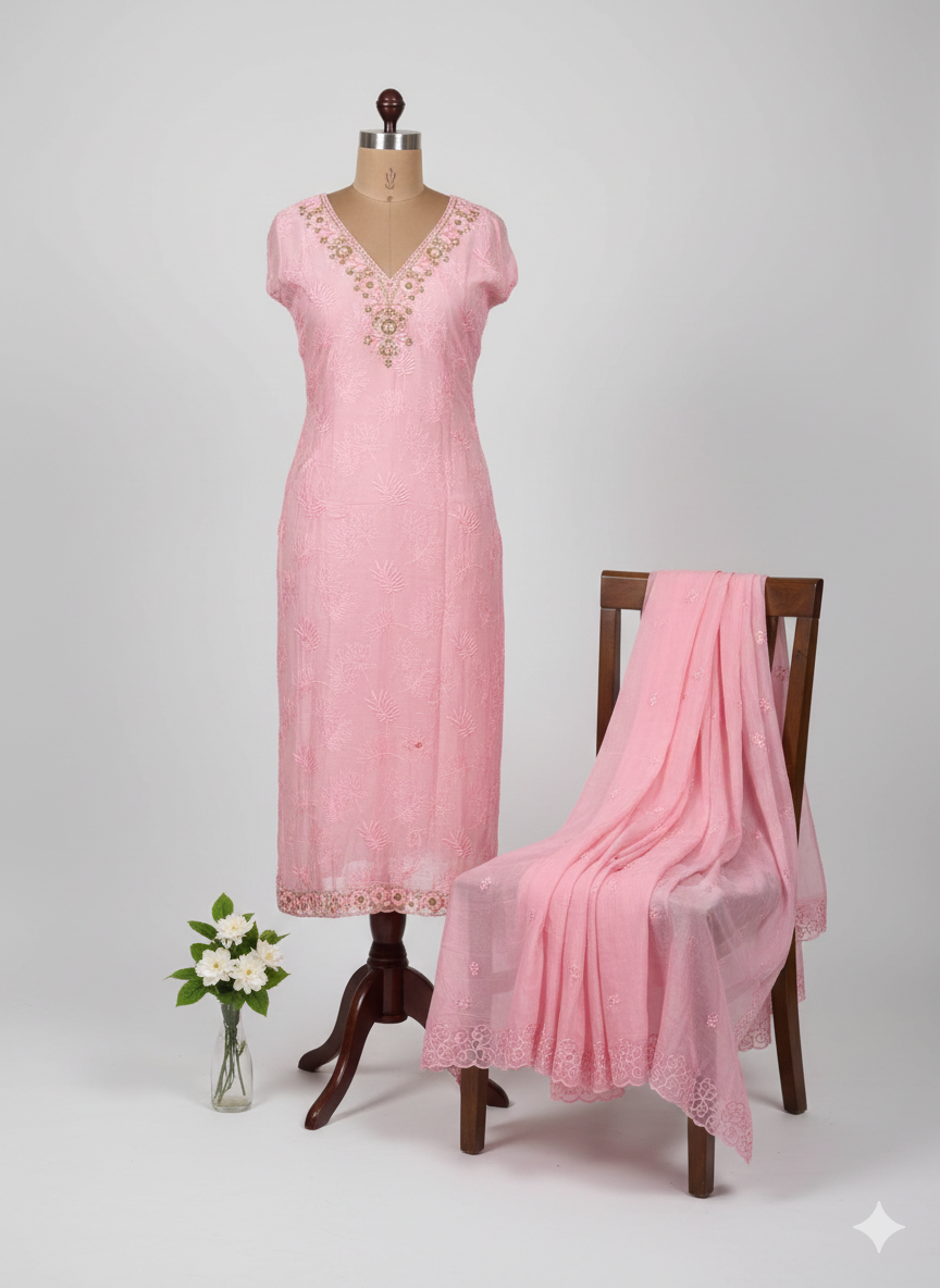 Shree Shanti Selection - Baby Pink Embroidered Dress Material