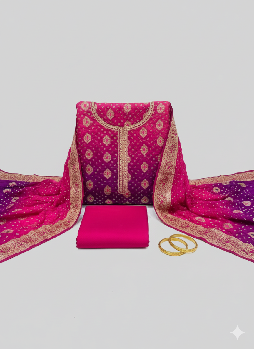 Shree Shanti Selection - Magenta & Gold Bandhani Dress Material