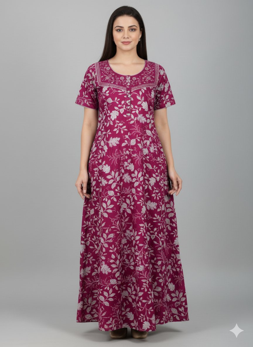 Shree Shanti Selection - Magenta Floral Printed Nighty for Women