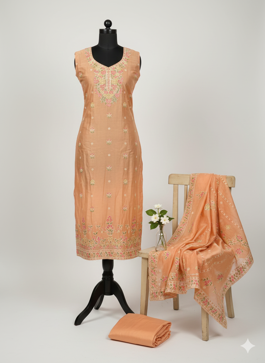 Shree Shanti Selection - Peach Orange Embroidered Dress Material