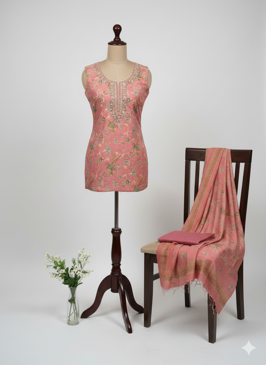 Shree Shanti Selection - Peach Floral Embroidered Dress Material