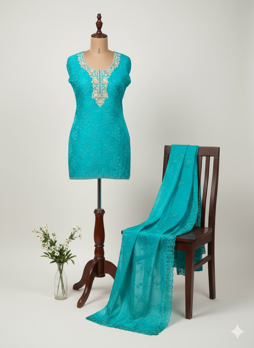 Shree Shanti Selection - Turquoise Blue Embroidered Dress Material