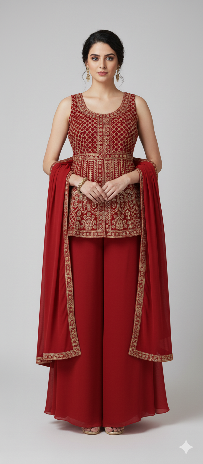 Shree Shanti Selection - Red Sharara Suit with Dupatta