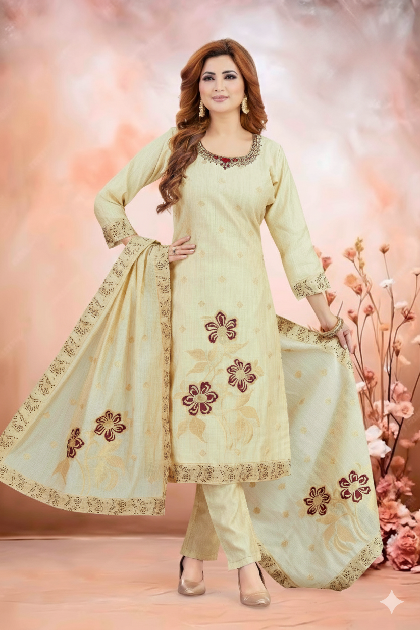 Shree Shanti Selection - Cream Printed Straight Suit with Dupatta