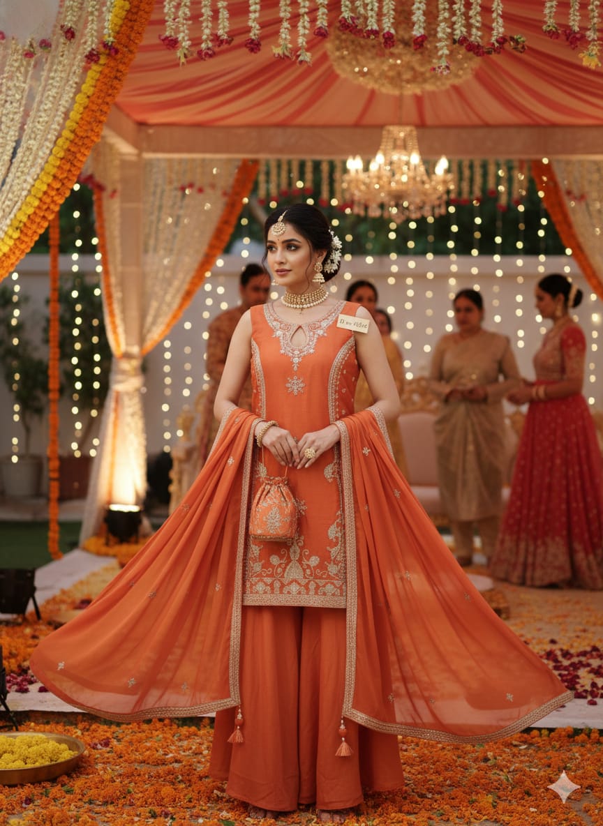 Shree Shanti Selection - Burnt Orange Embroidered Kurti Sharara Set with Flowing Dupatta