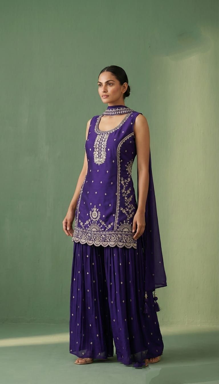 Shree Shanti Selection - Royal Purple Embroidered Kurti Sharara Set with Dupatta