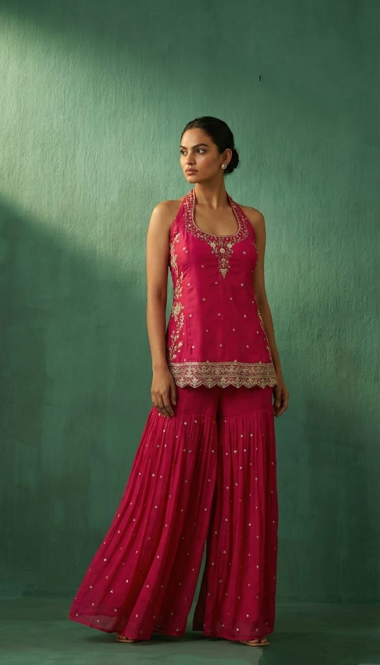 Shree Shanti Selection - Rani Pink Embroidered Halter Neck Kurti with Sharara Pants