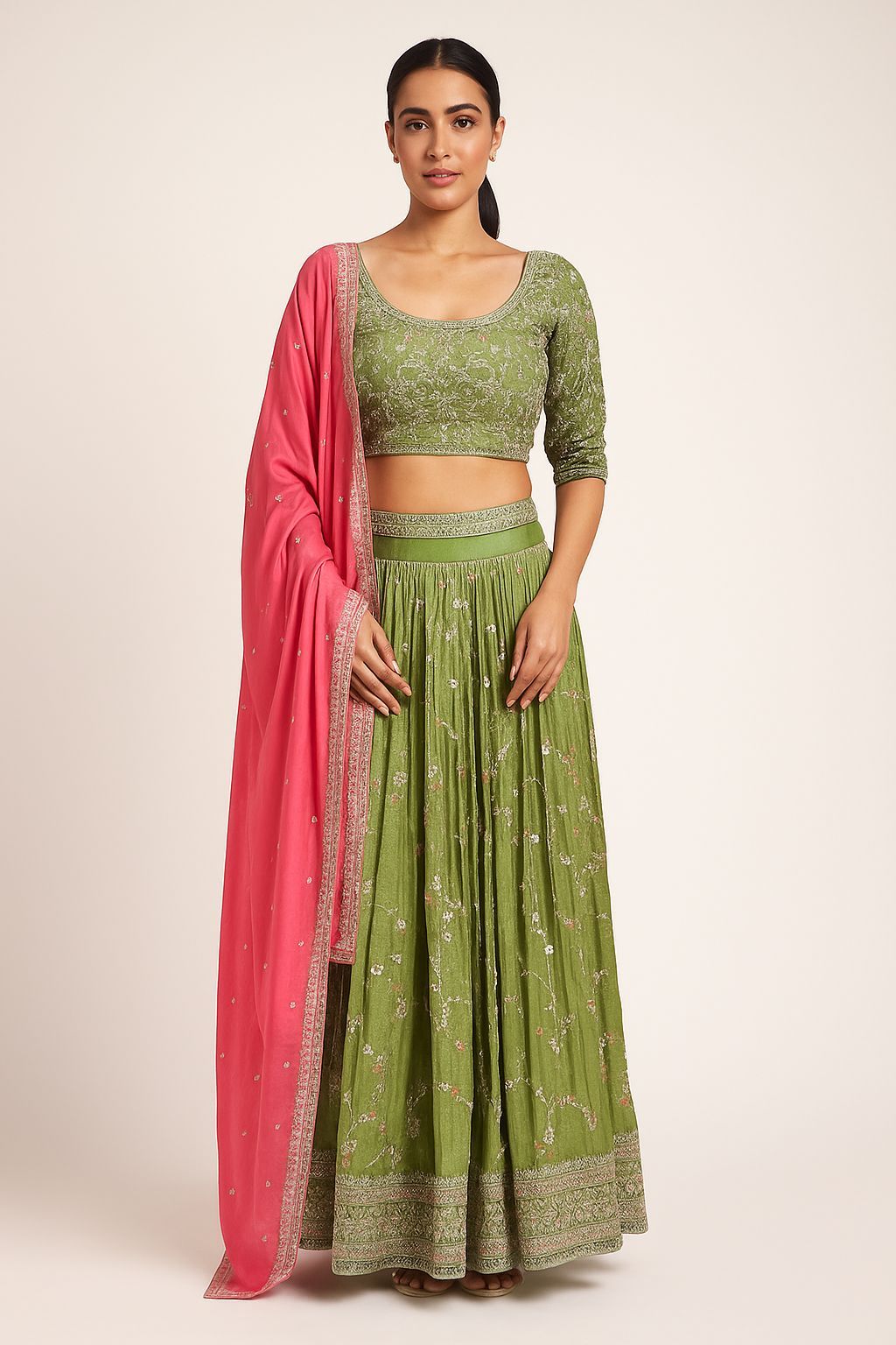 Shree Shanti Selection - Green and Pink Lehenga for Women