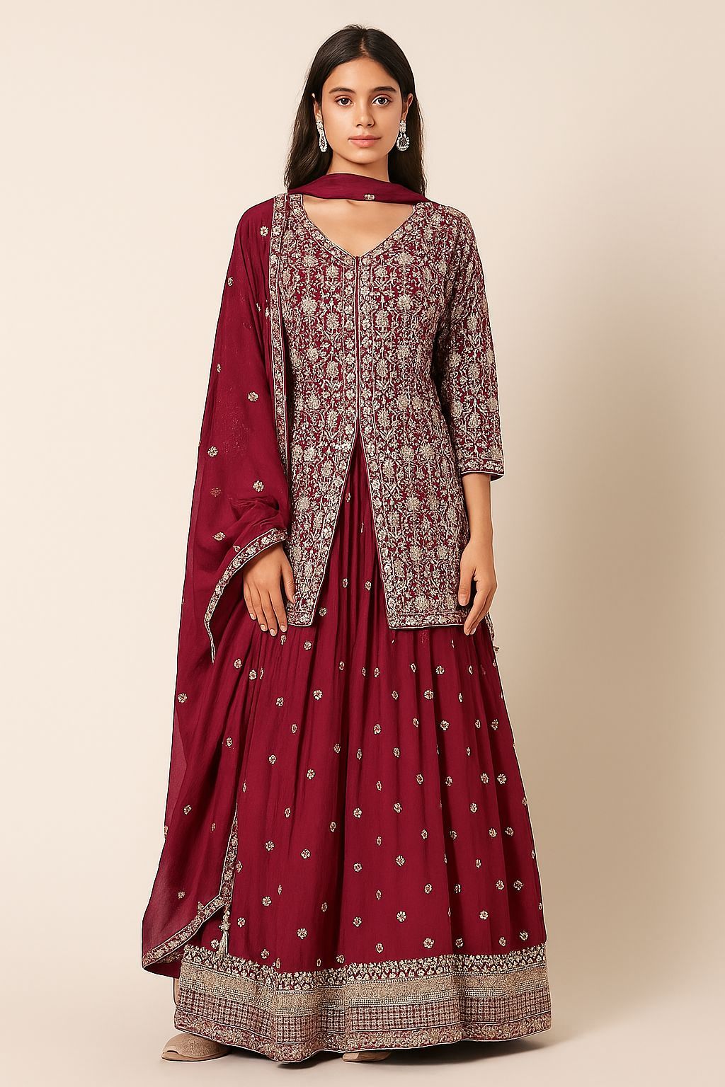 Shree Shanti Selection - Maroon Embroidered Sharara Suit for Women