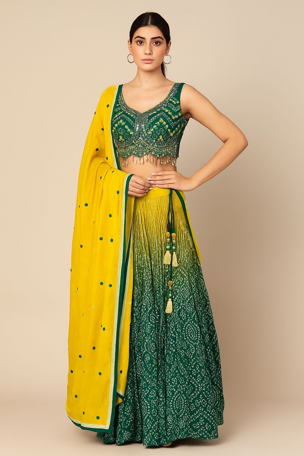 Shree Shanti Selection - Green and Yellow Lehenga for Women