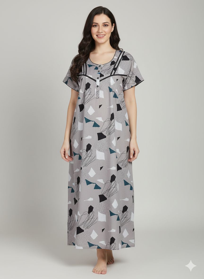 Shree Shanti Selection - Grey Geometric Printed Nighty for Women