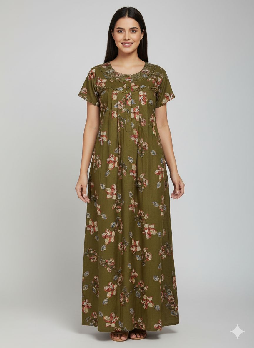 Shree Shanti Selection - Olive Floral Printed Nighty for Women