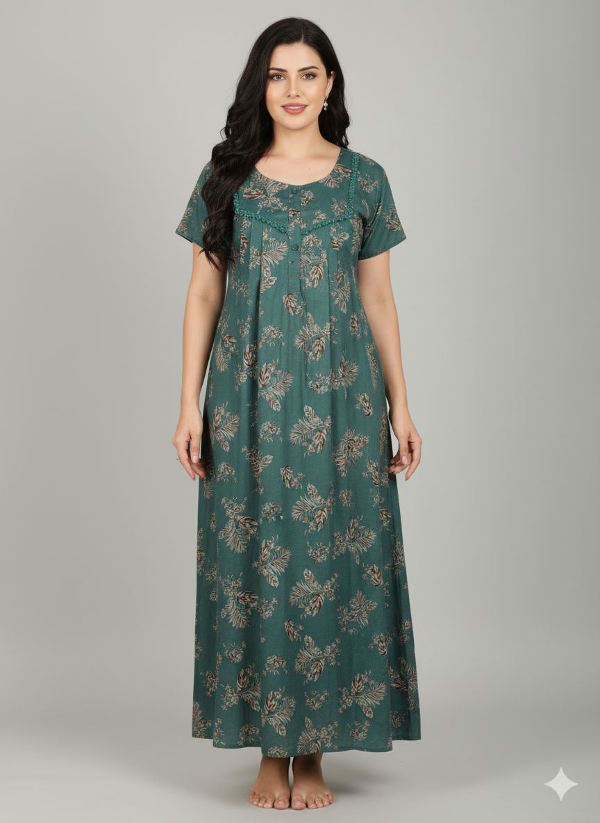 Shree Shanti Selection - Forest Green Floral Printed Nighty for Women