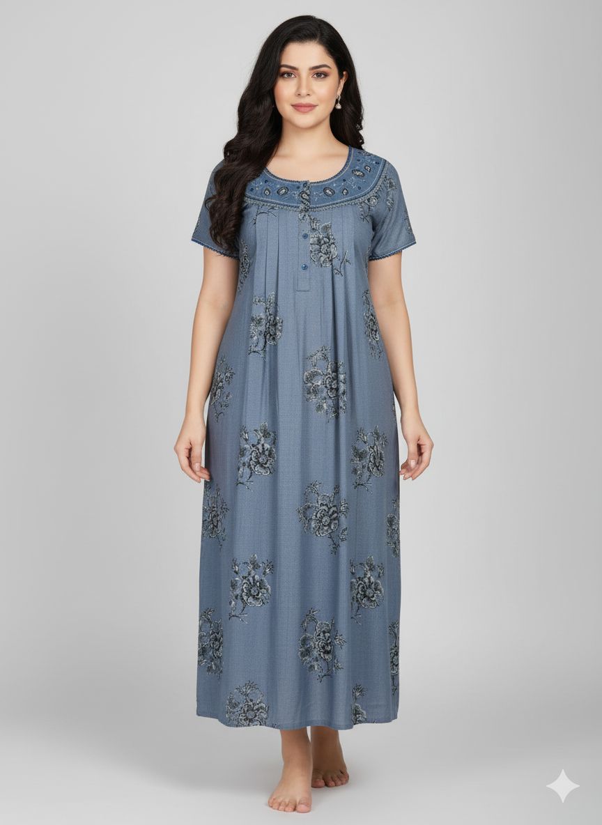 Shree Shanti Selection - Dusty Blue Floral Printed Nighty for Women