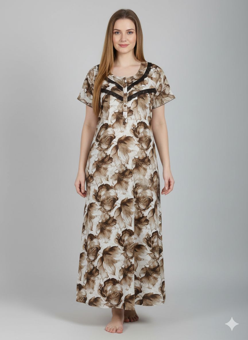 Shree Shanti Selection - Mocha Floral Printed Nighty for Women