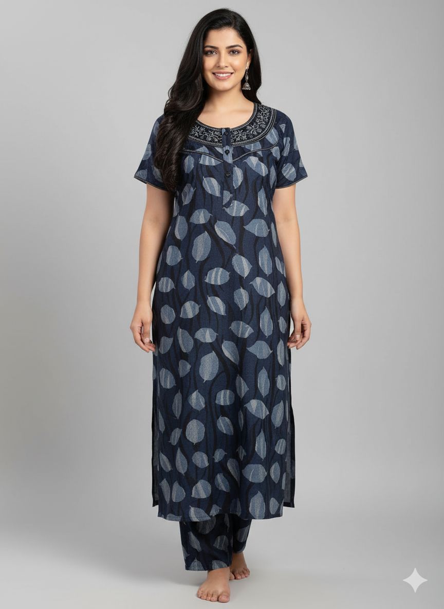 Shree Shanti Selection - Navy Leaf Print Night Suit for Women