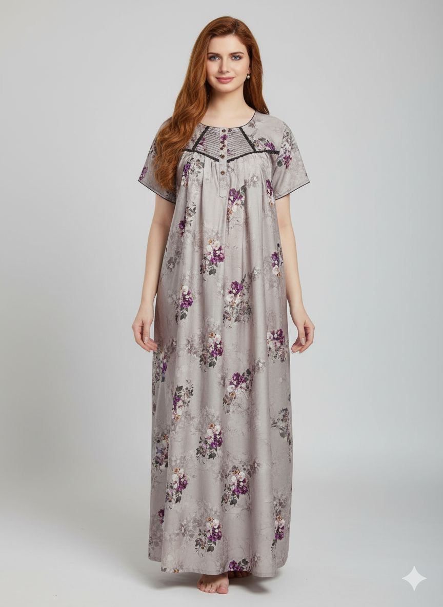 Shree Shanti Selection - Grey & Purple Floral Printed Nighty for Women