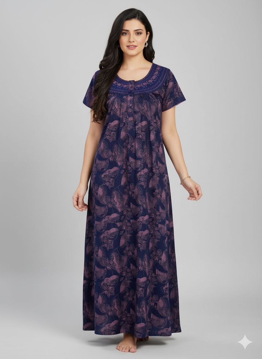 Shree Shanti Selection - Navy & Pink Printed Maxi Nighty for Women