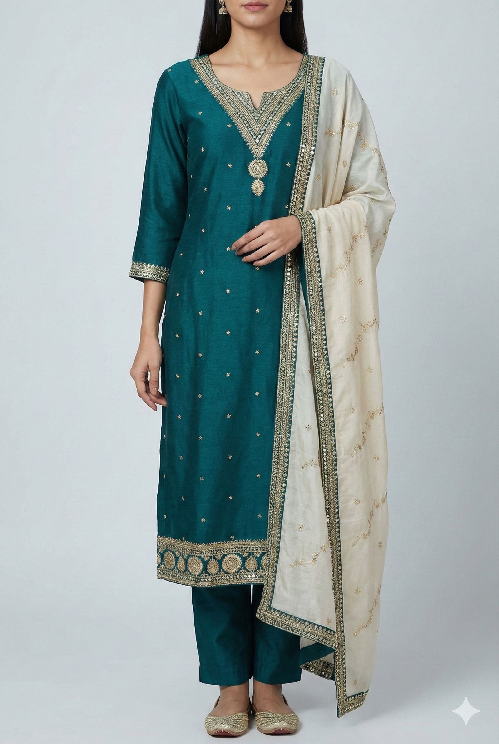 Shree Shanti Selection - Teal Embroidered Straight Kurta Set
