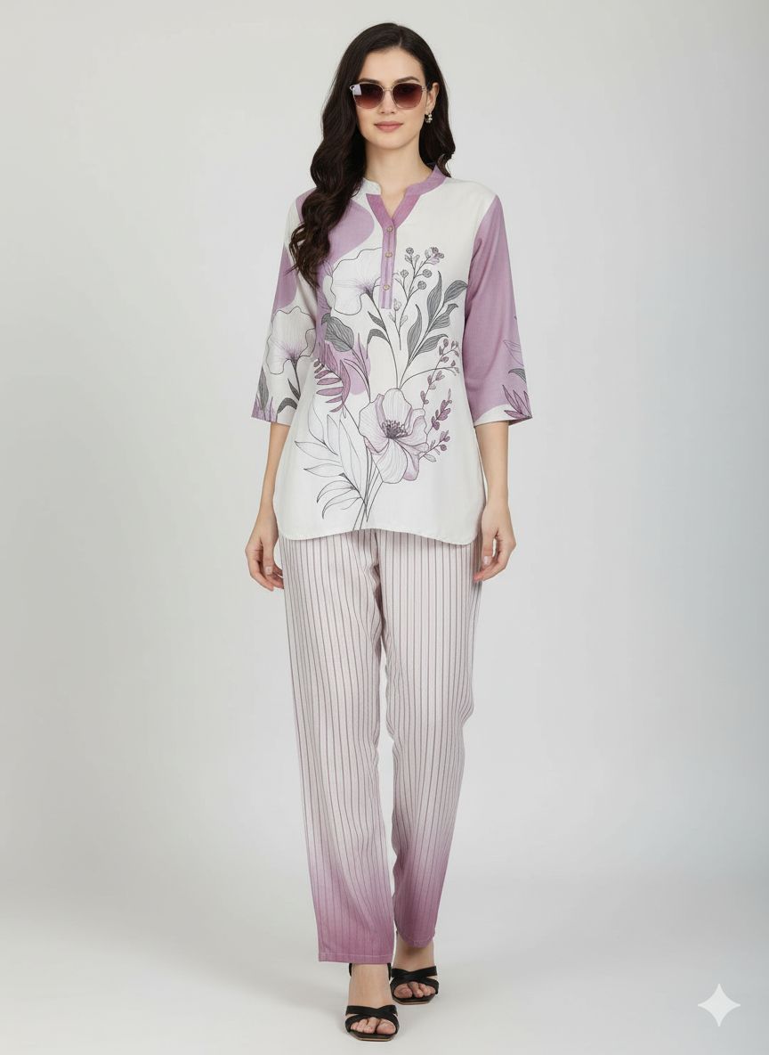 Shree Shanti Selection - Purple Printed Nightdress Coord Set for Women