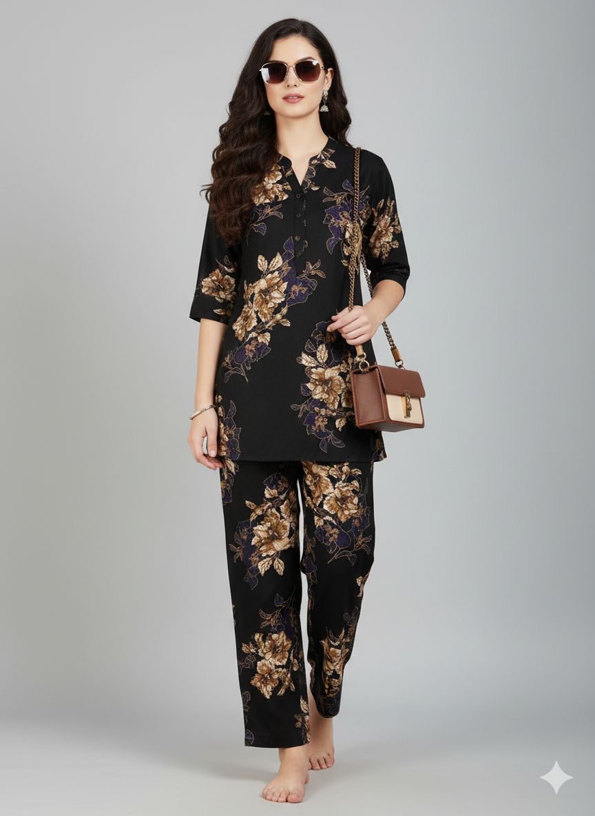 Shree Shanti Selection - Black & Gold Floral Night Co-ord Set