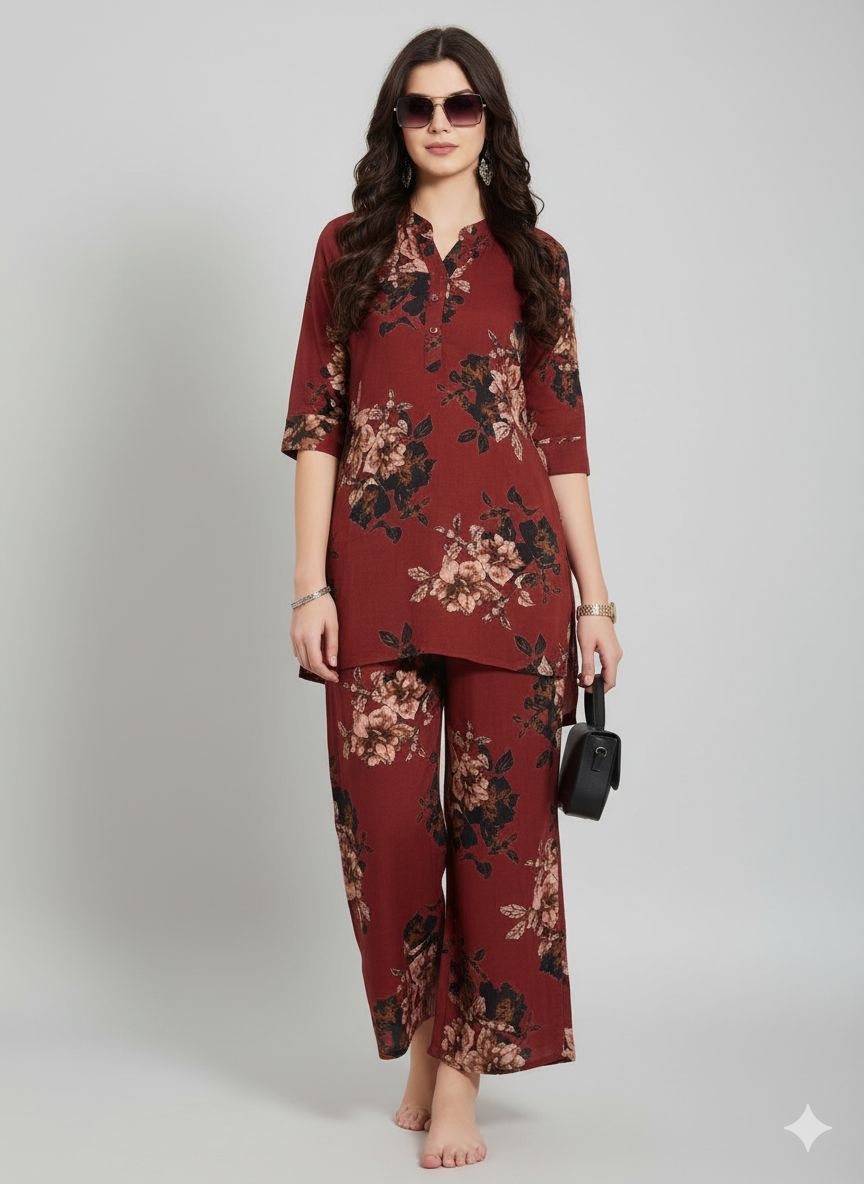Shree Shanti Selection - Maroon Floral Printed Night Co-ord Set