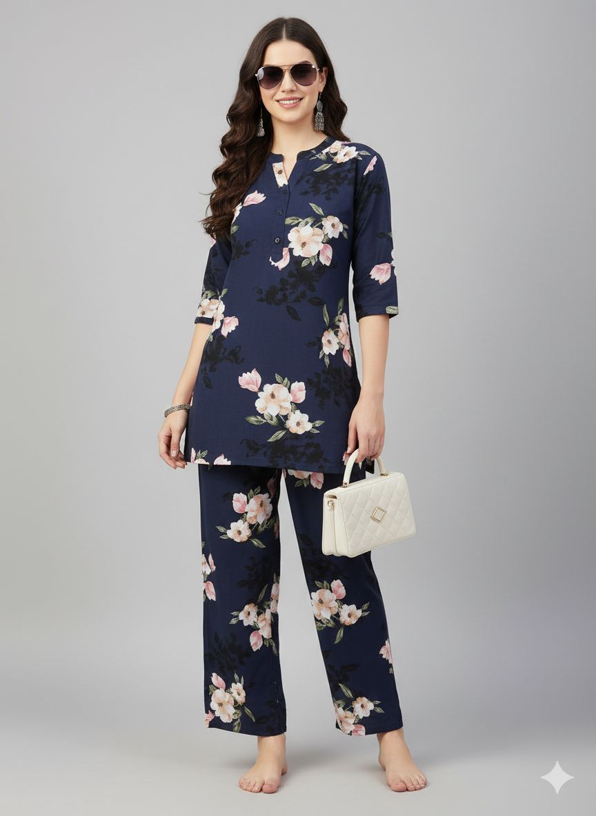 Shree Shanti Selection - Navy & Pink Floral Night Co-ord Set