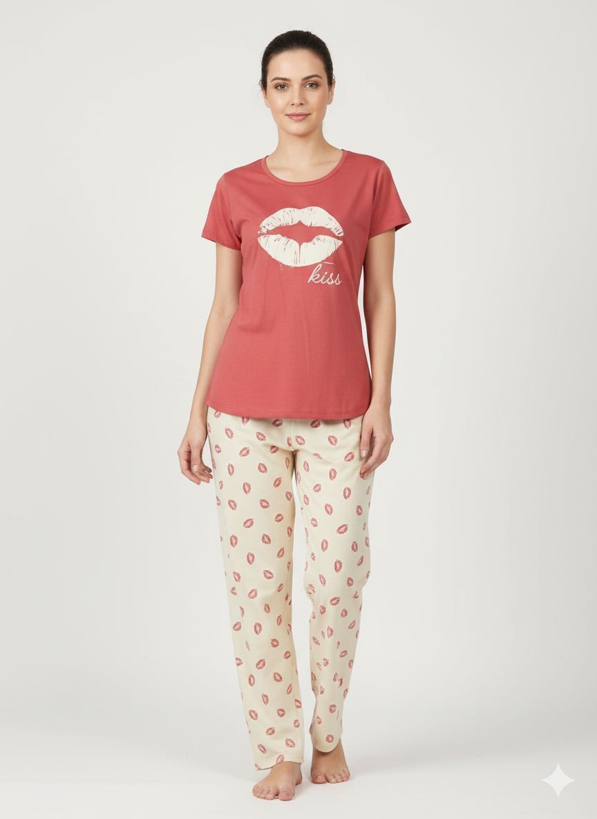 Shree Shanti Selection - Red Night Suit for Women with Cream Pajama