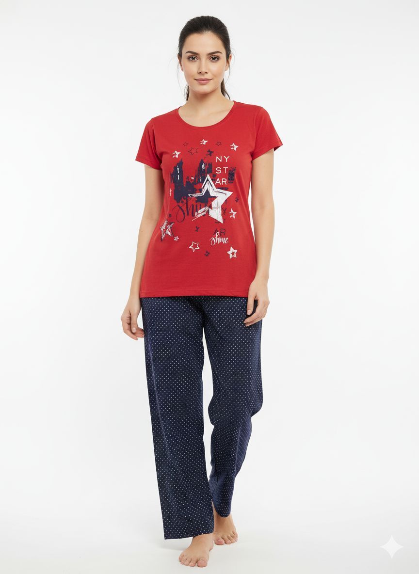 Shree Shanti Selection - Red Night Suit for Women with Navy Blue Pajama