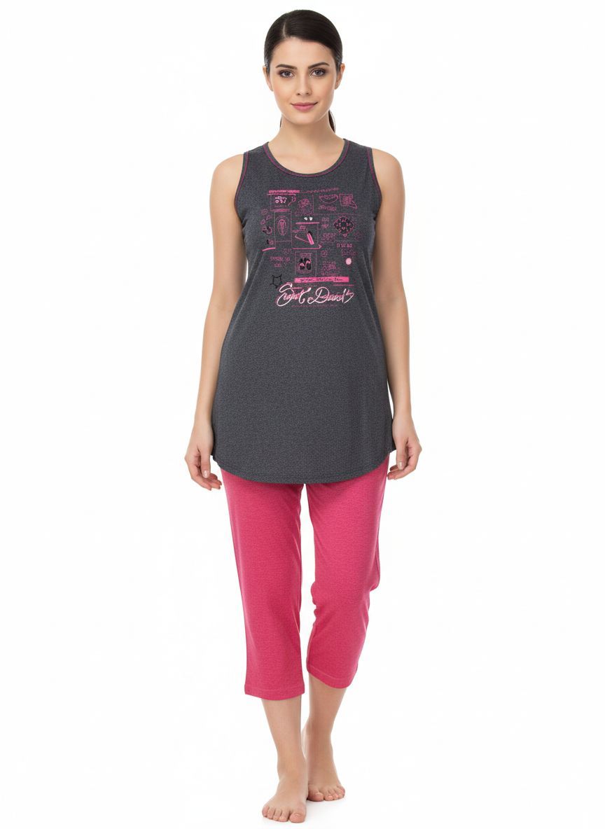 Shree Shanti Selection - Grey and Pink Women’s Sleeveless Night Suit Set