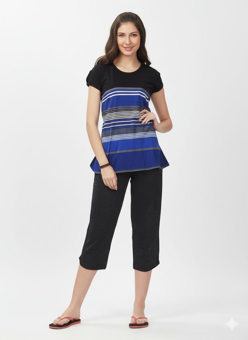 Shree Shanti Selection - Navy Striped Cotton Night Dress