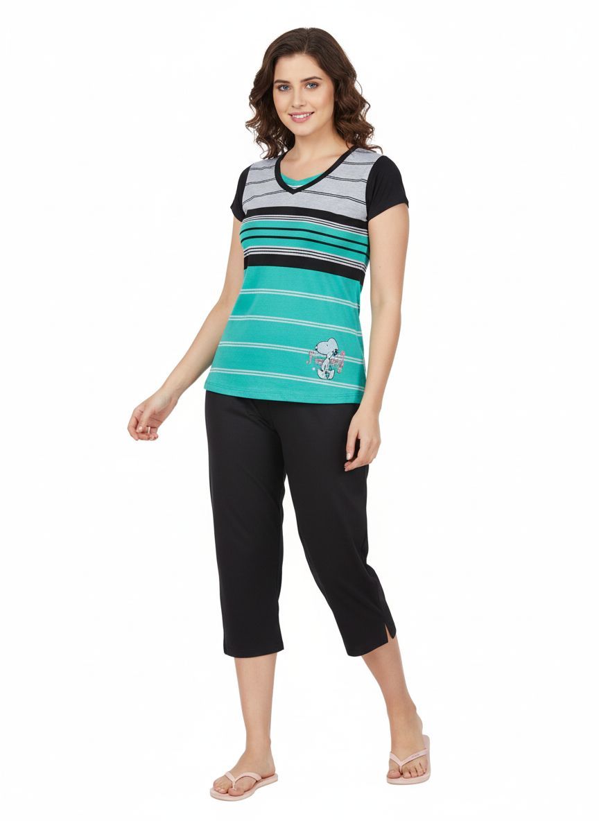Shree Shanti Selection - Striped Teal and Black Cotton Night Dress
