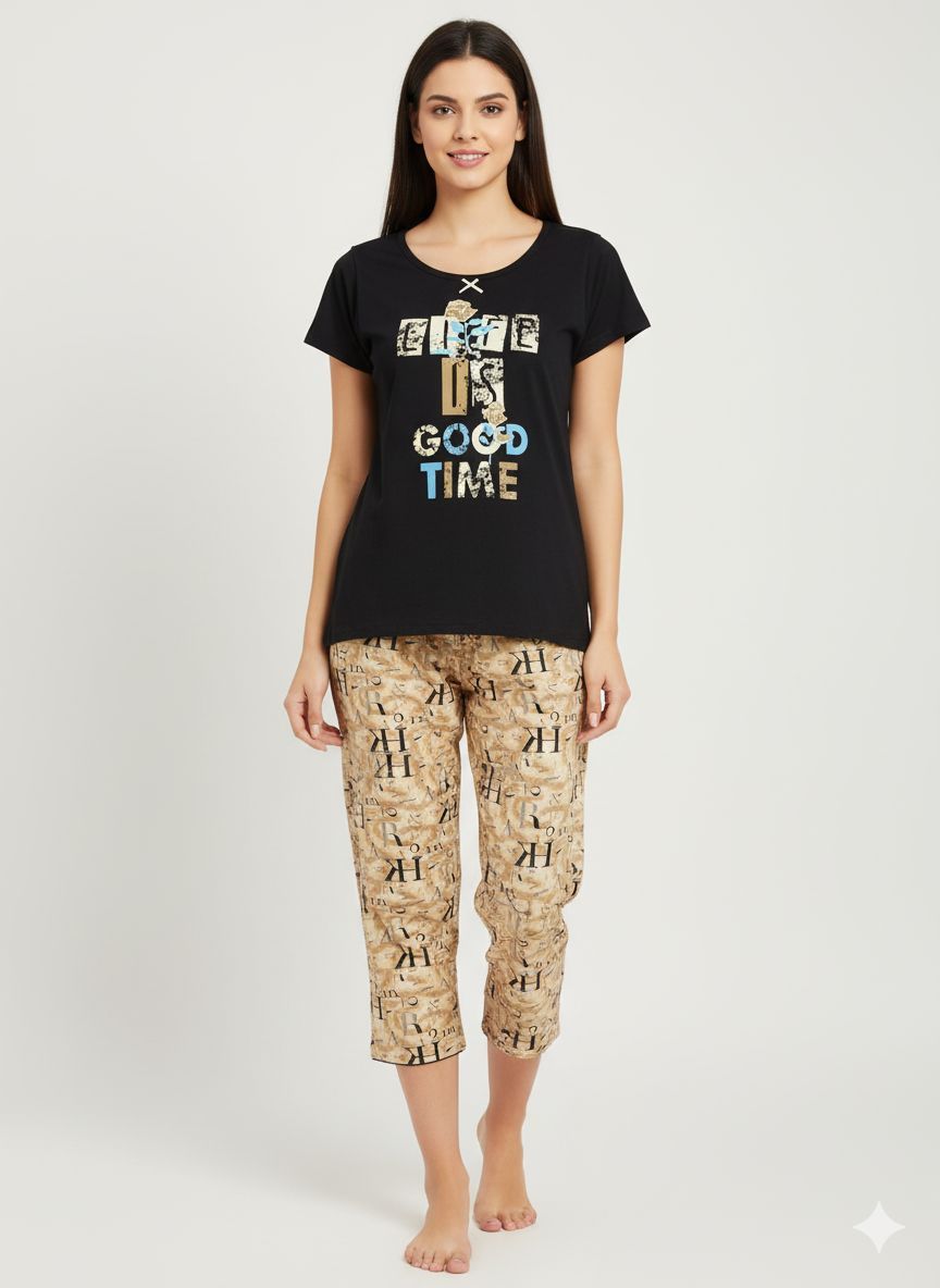 Shree Shanti Selection - Black Graphic Night Dress with Beige Capri