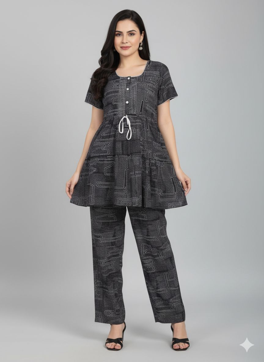 Shree Shanti Selection - Black Printed Nightdress Coord Set for Women