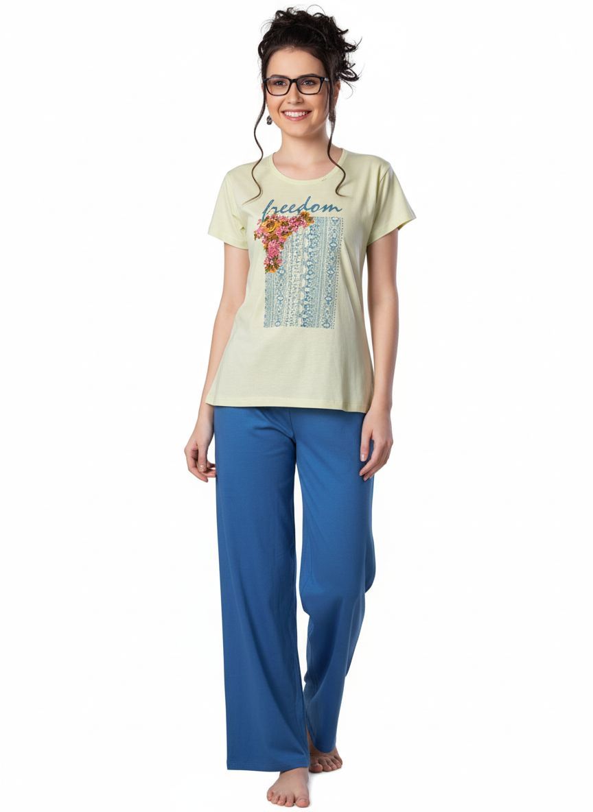 Shree Shanti Selection - Beige Printed Night Dress with Blue Pajama