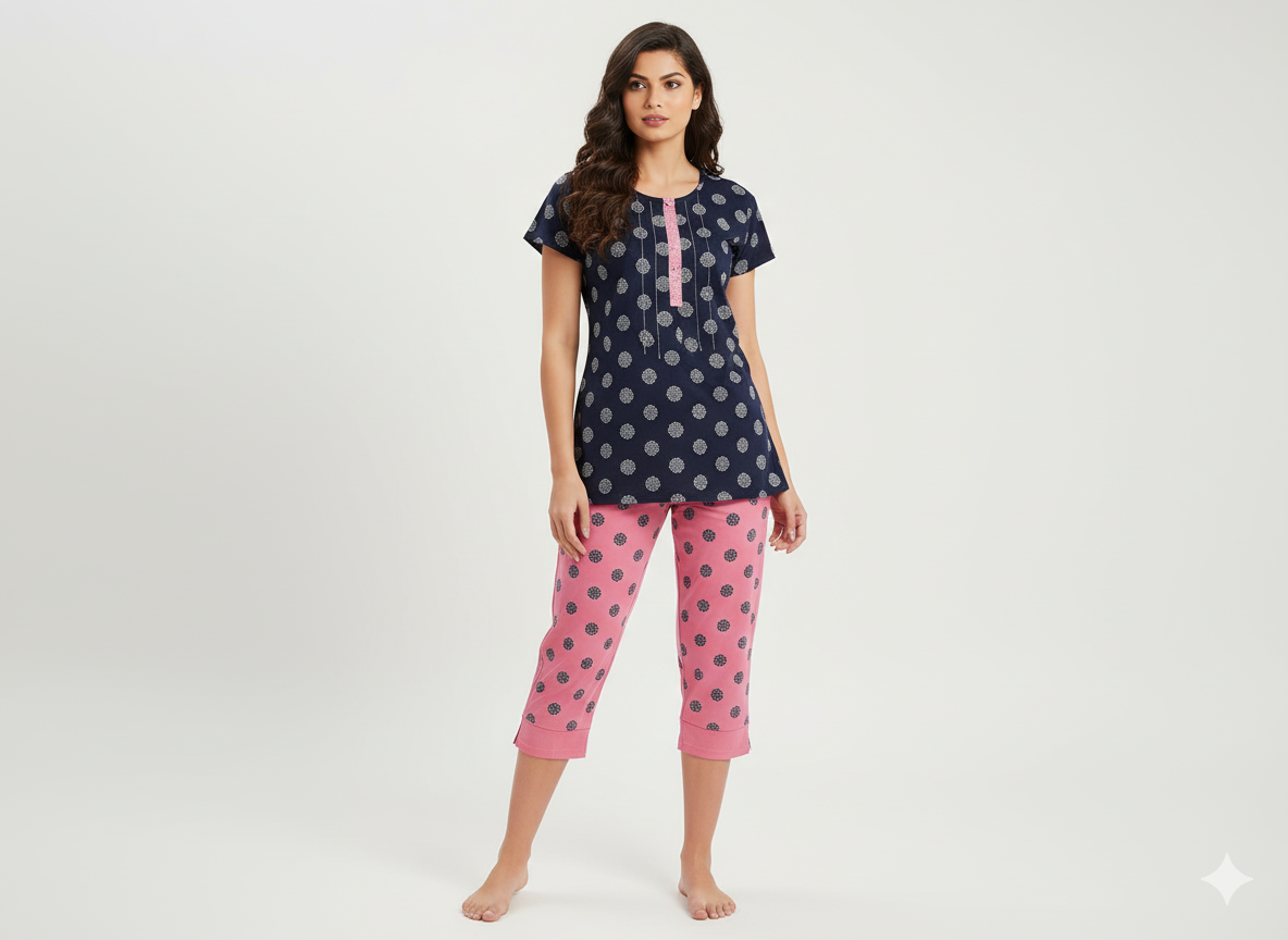 Shree Shanti Selection - Blue Dot Print Night Dress with Pink Capri