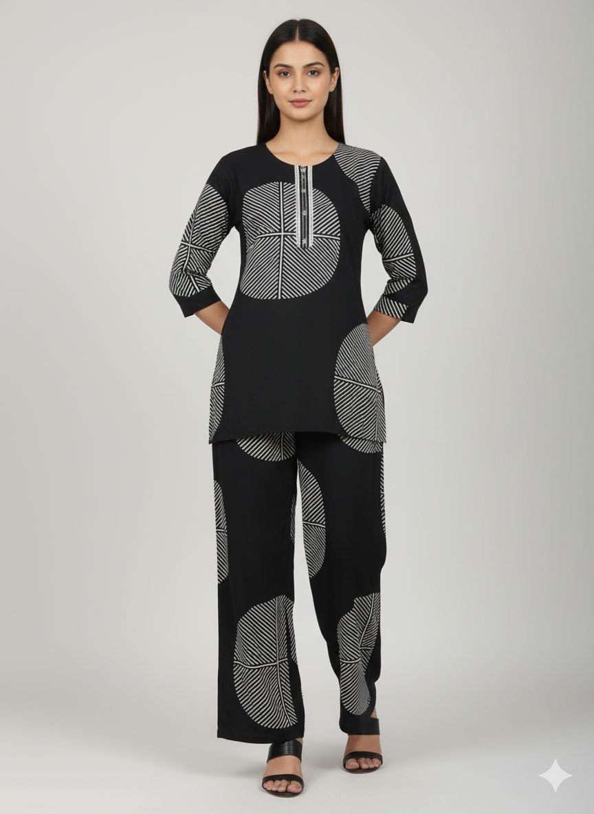 Shree Shanti Selection - White and Black Printed Nightdress Coord Set for Women