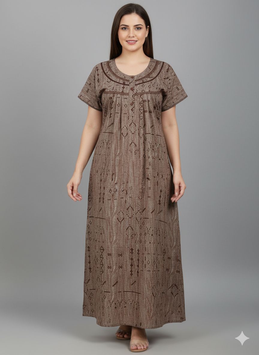 Shree Shanti Selection - Brown Printed Long Nighty