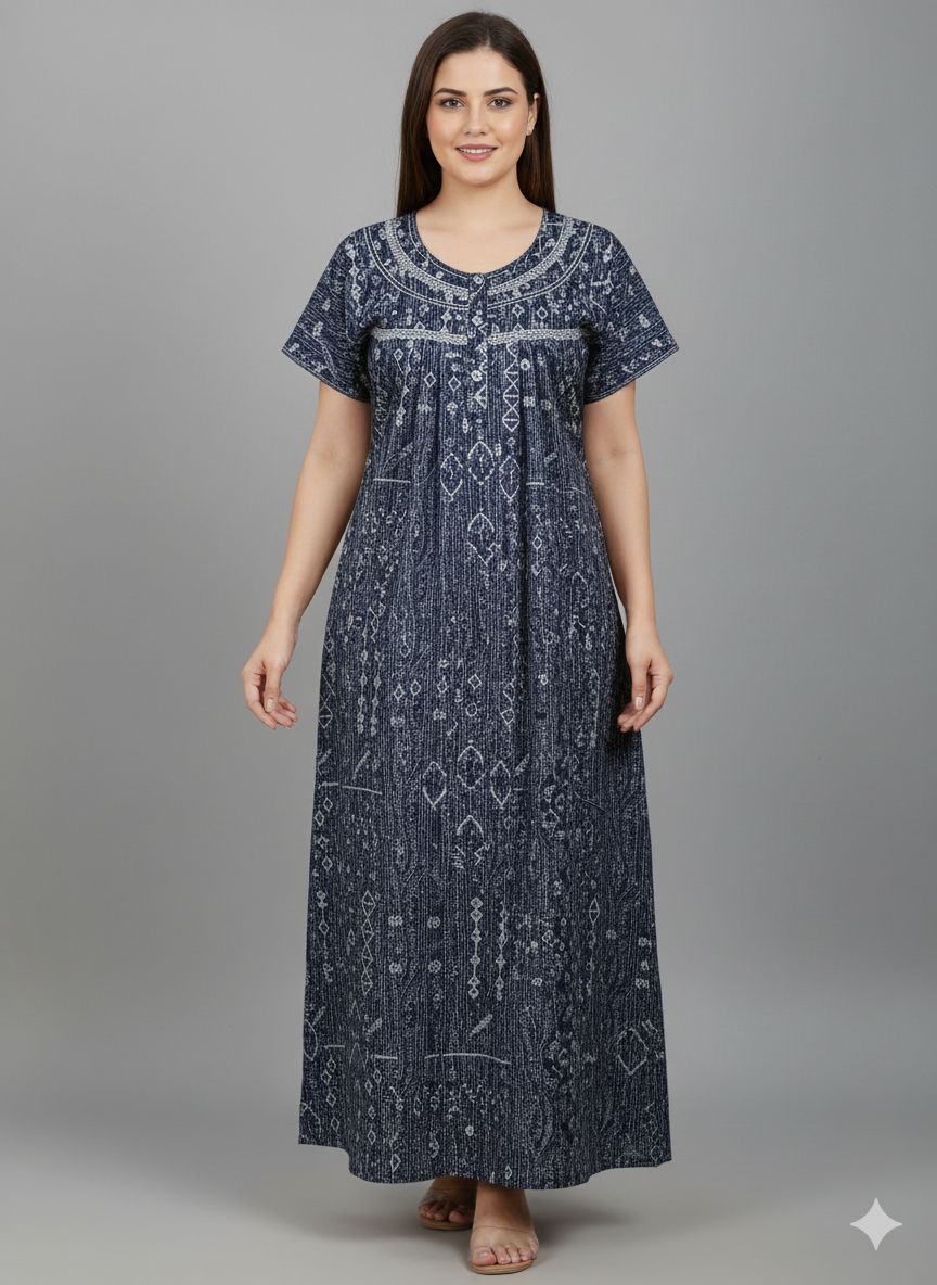 Shree Shanti Selection - Dark Blue Printed Long Nighty