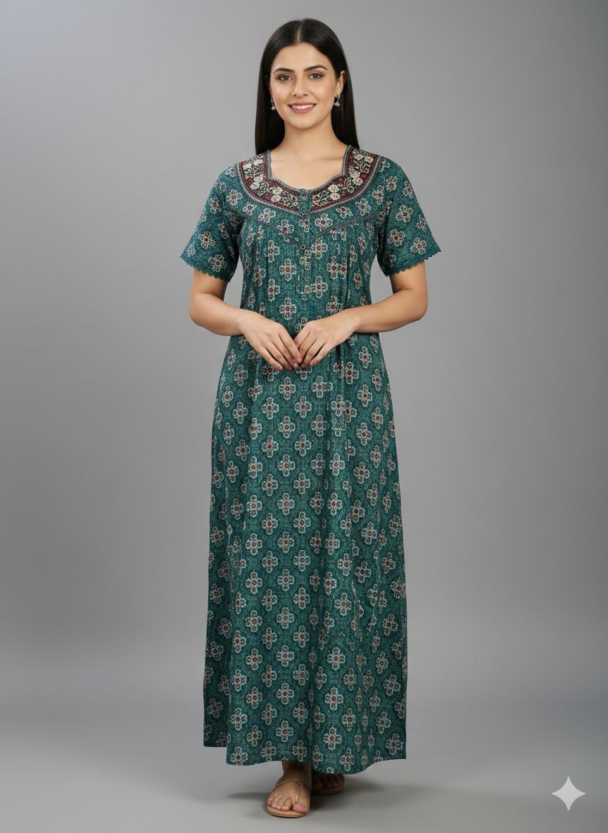 Shree Shanti Selection - Green Floral Printed Nighty