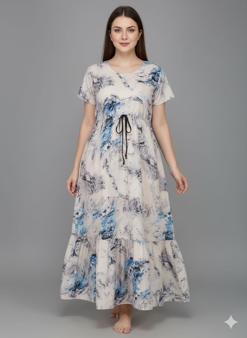 Shree Shanti Selection - White and Blue Floral Printed Nighty