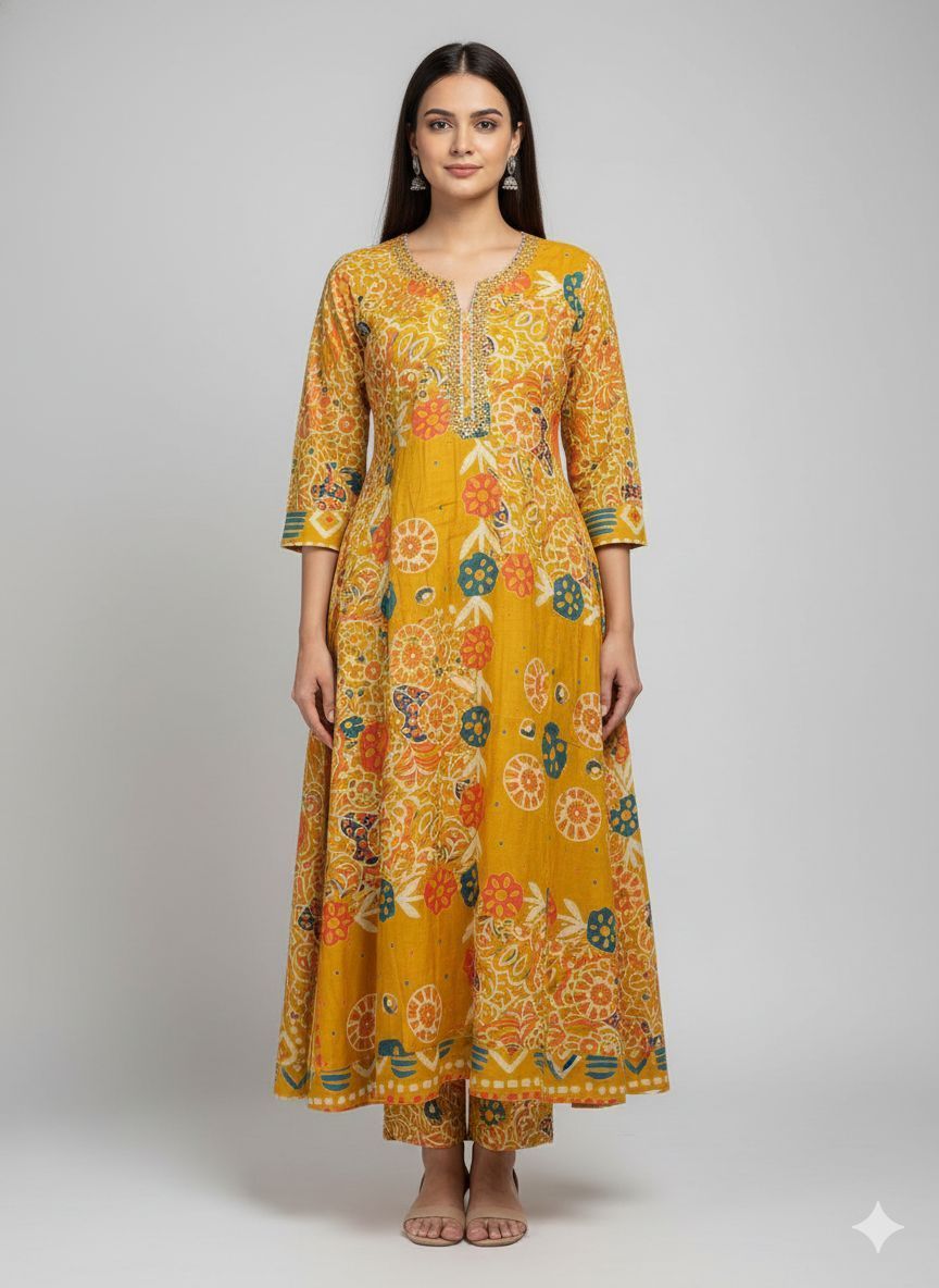 Shree Shanti Selection - Mustard Printed Anarkali Kurta Set