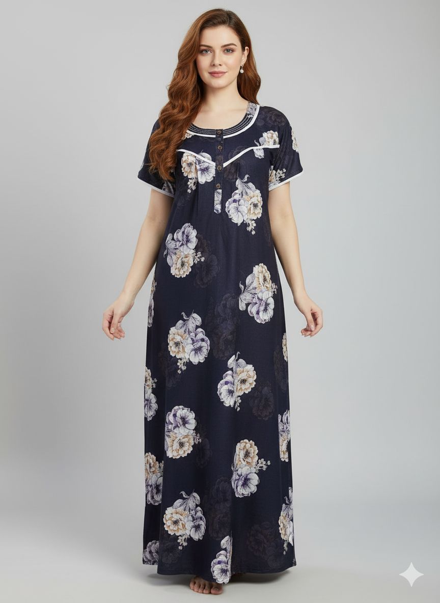 Shree Shanti Selection - Floral Nighty for Women in Navy Blue