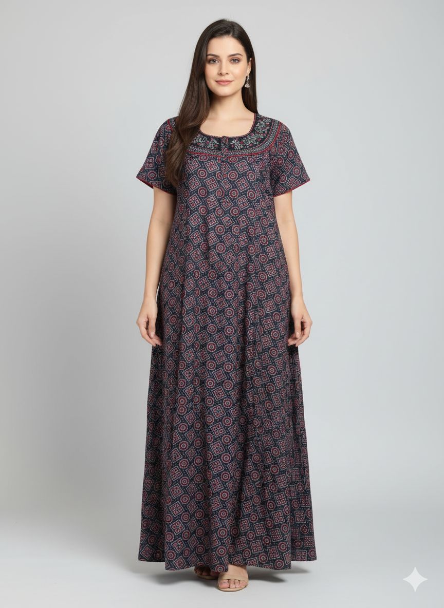 Shree Shanti Selection - Navy Blue Printed Nighty