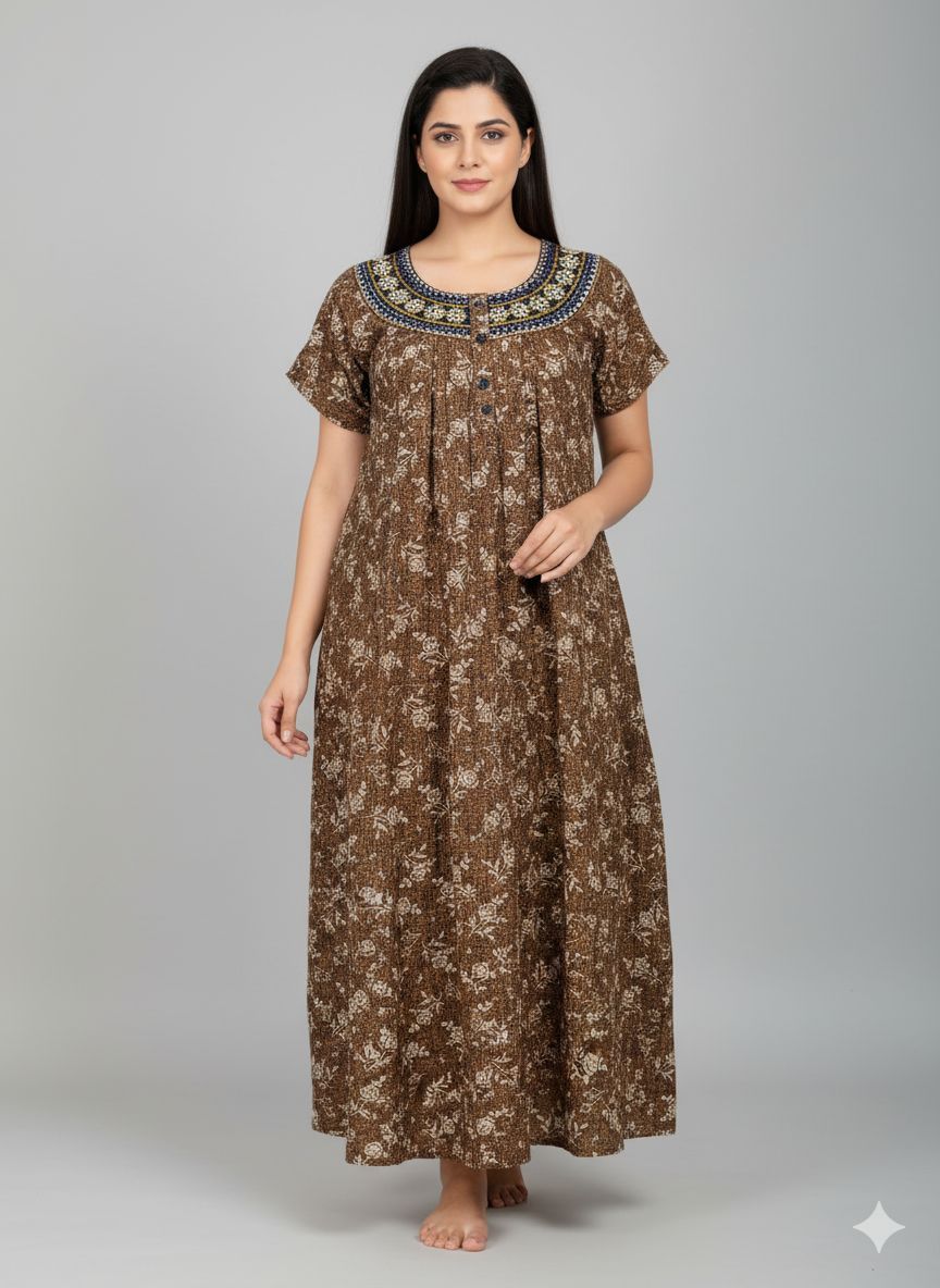 Shree Shanti Selection - Coffee Brown Printed Nighty
