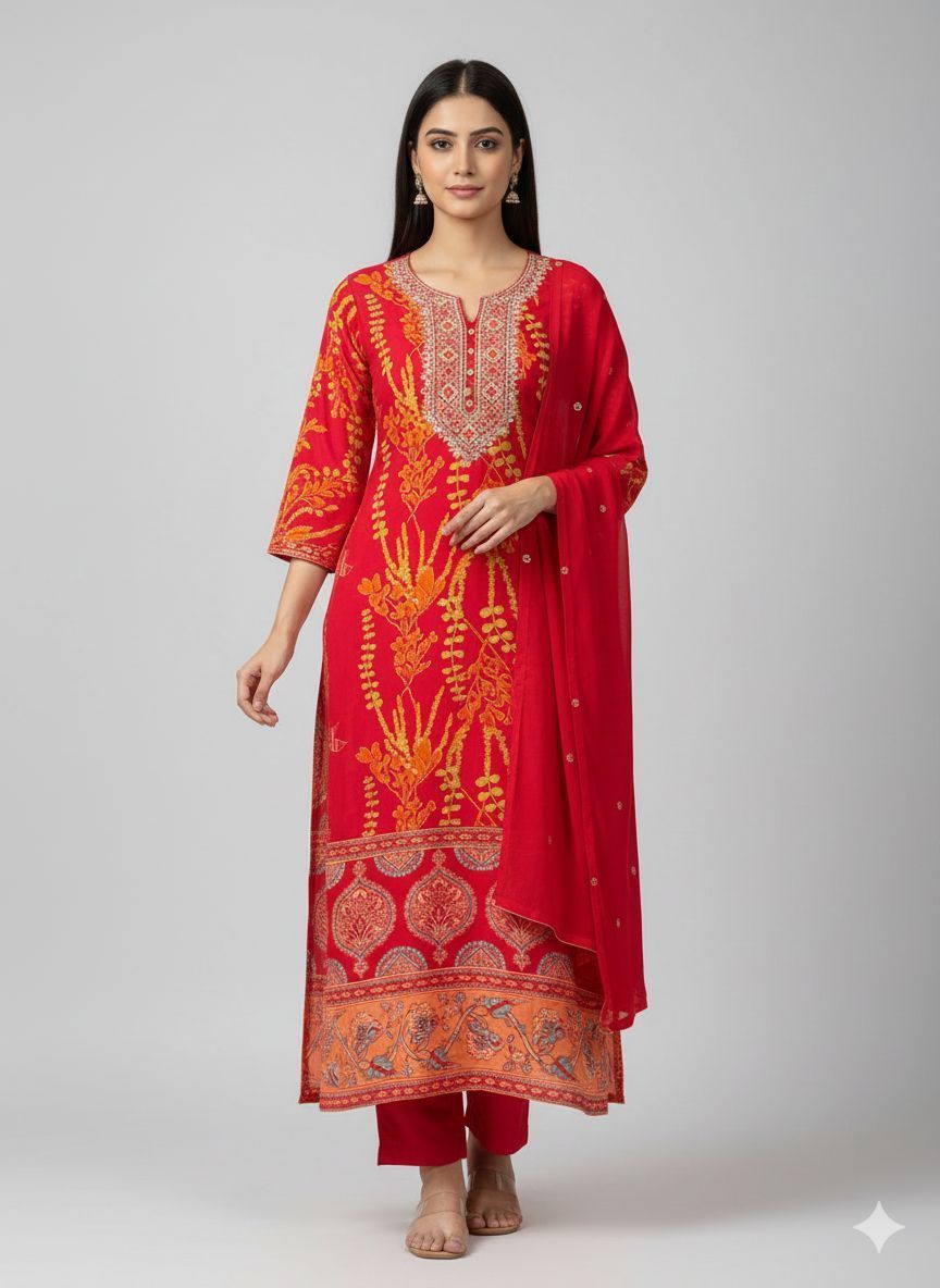 Shree Shanti Selection - Red Embroidered Straight Kurta Set
