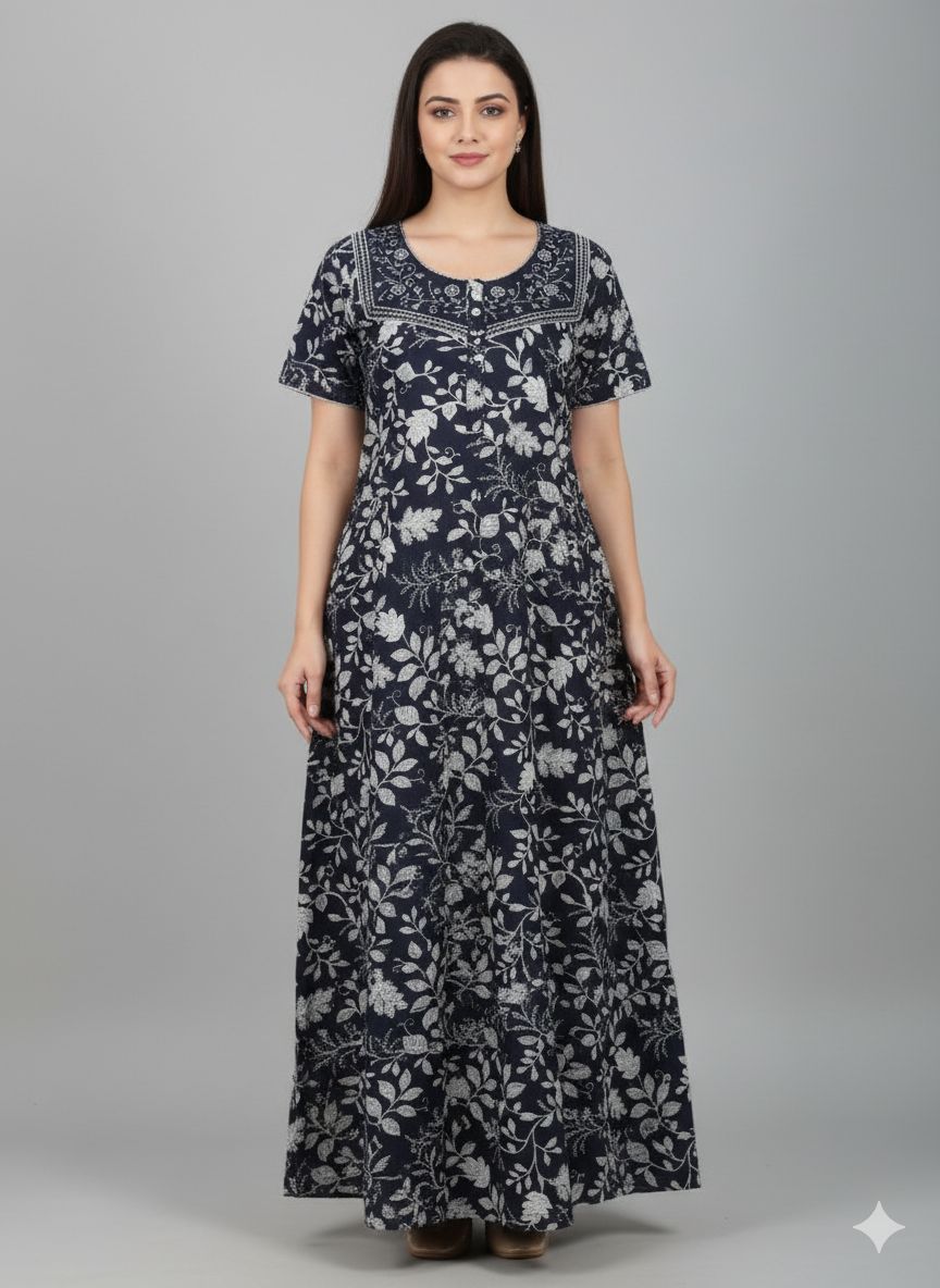 Shree Shanti Selection - Black Floral Printed Nighty for Women