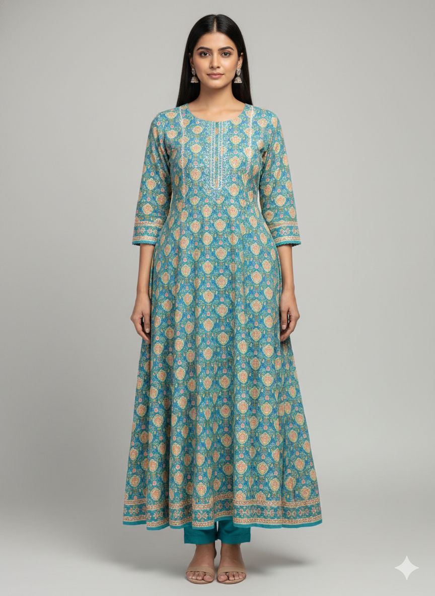 Shree Shanti Selection - Teal Floral Printed Anarkali Kurta Set