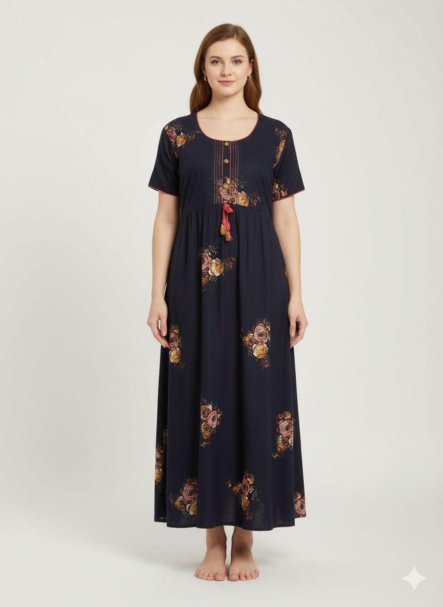Shree Shanti Selection - Navy Blue Floral Printed Nighty for Women